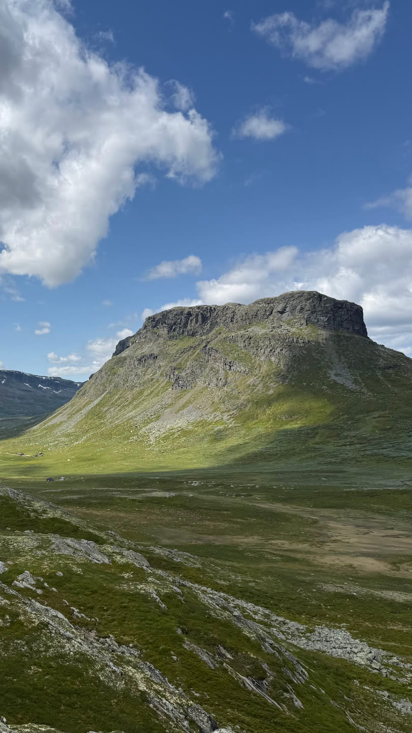 Fjelltoppen over grønne åser og fjorden, sett fra steinryggen